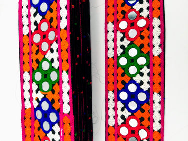 Black Cotton Fabric Trim with Multicolor Embroidery and Real Mirror, Kutch Embroidery Trim, Mirror Lace
